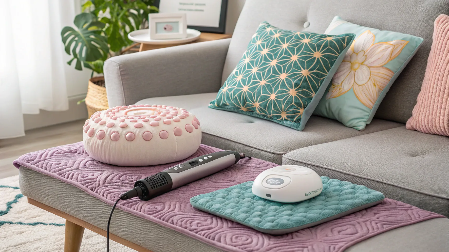 Types of soft-vibration relaxation devices for women set in a tranquil home environment.