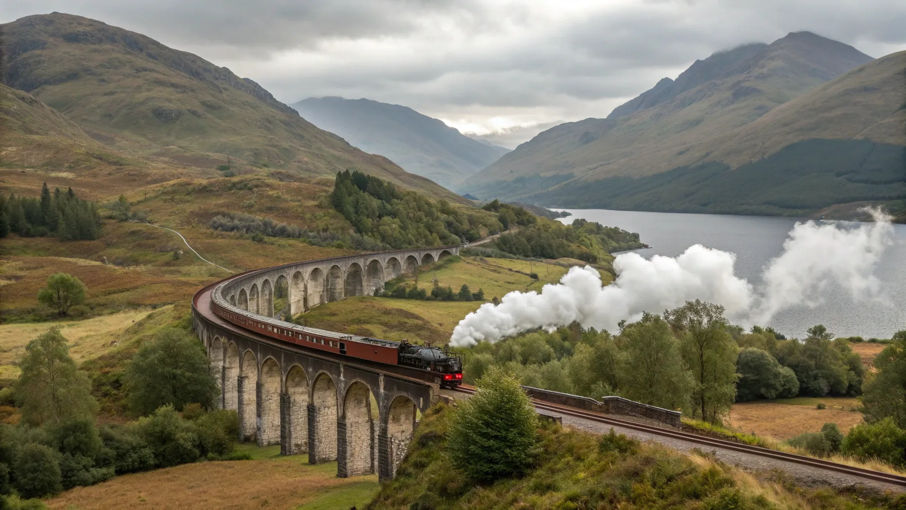 Jacobite steam train tours, crossing Glenfinnan Viaduct amid stunning highland landscapes.