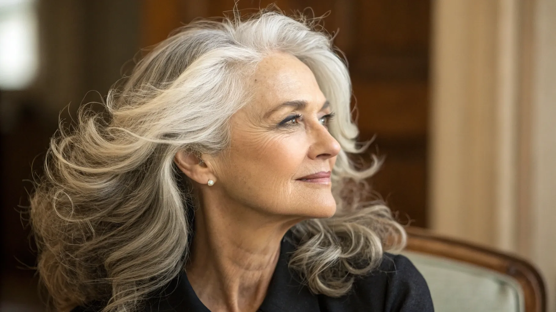 An older woman confidently wearing a natural-looking human hair wig, demonstrating the beauty and versatility of human hair wigs for older women.