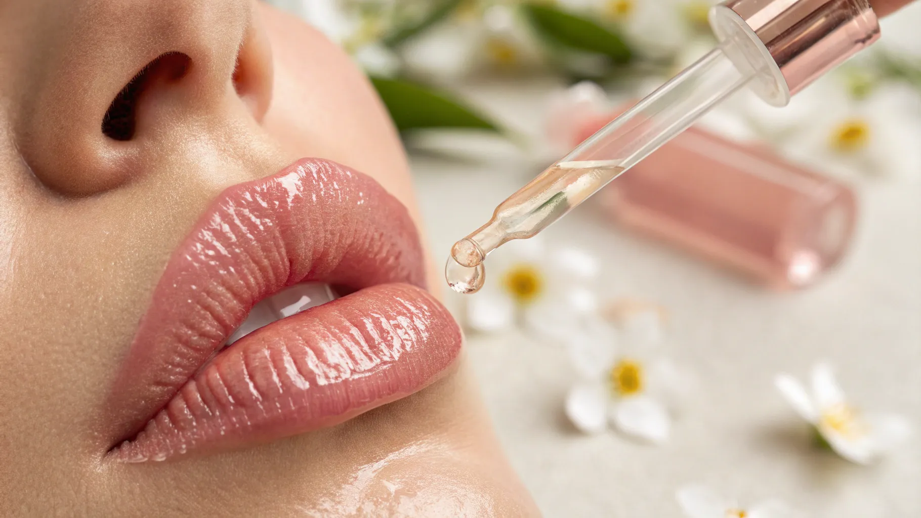 Hyaluronic Acid Serums for Wrinkled Lips application on plump, hydrated lips with product.