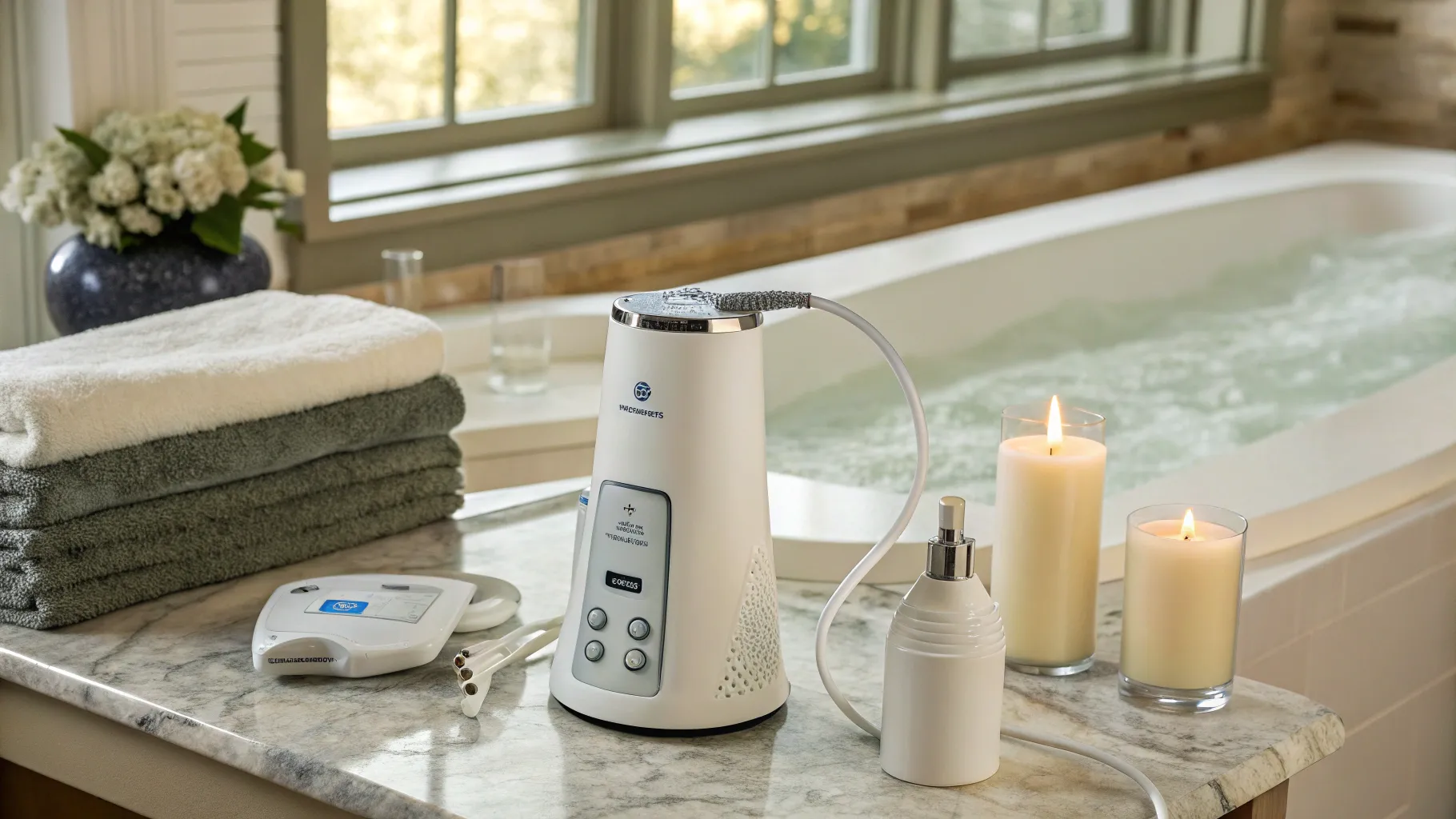 Hydromax vs VEDs: A calm bathroom scene showing health devices on a marble countertop.