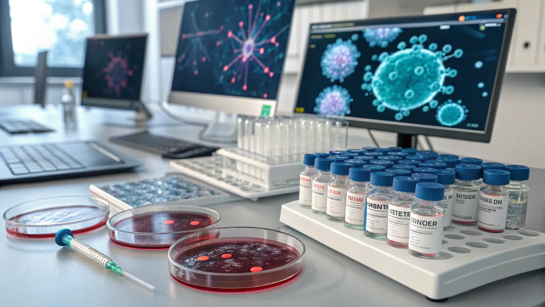 Immunotherapy in Treating Lung Cancer with advanced lab equipment and vials of drugs.