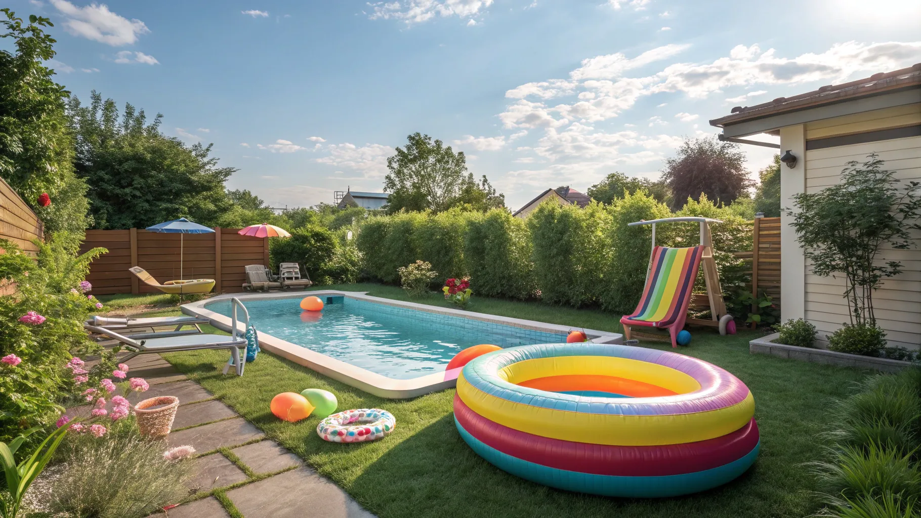 Inflatable Pools Buying Guide: A sunny backyard with a colorful inflatable pool and accessories.