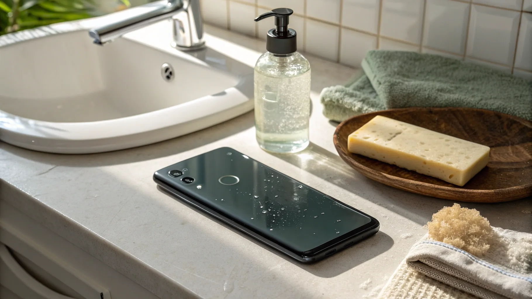 Can using a phone in the bathroom have a negative impact on health? A phone on a sink.