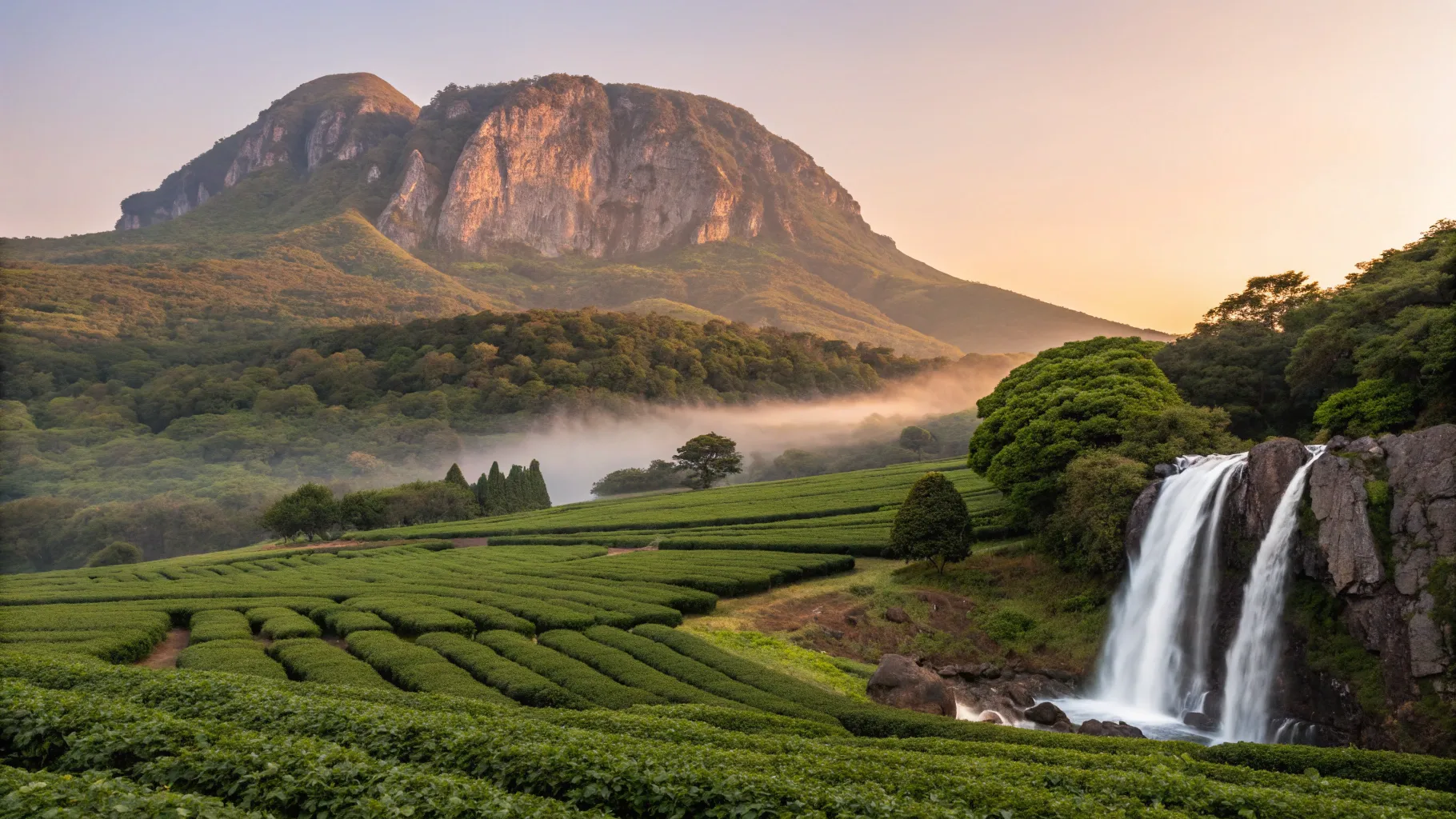 Jeju Nature Escape from Hong Kong: Lush mountains and tea fields at sunrise conveying tranquility.