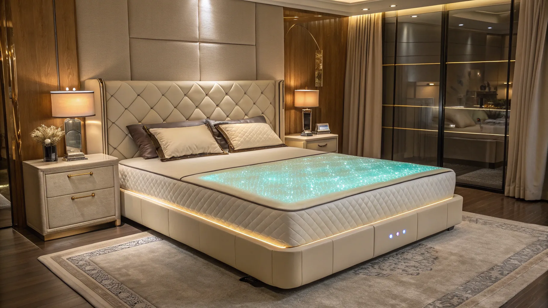 Are jelly beds real or fake: modern bedroom with glowing gel-layered mattress.