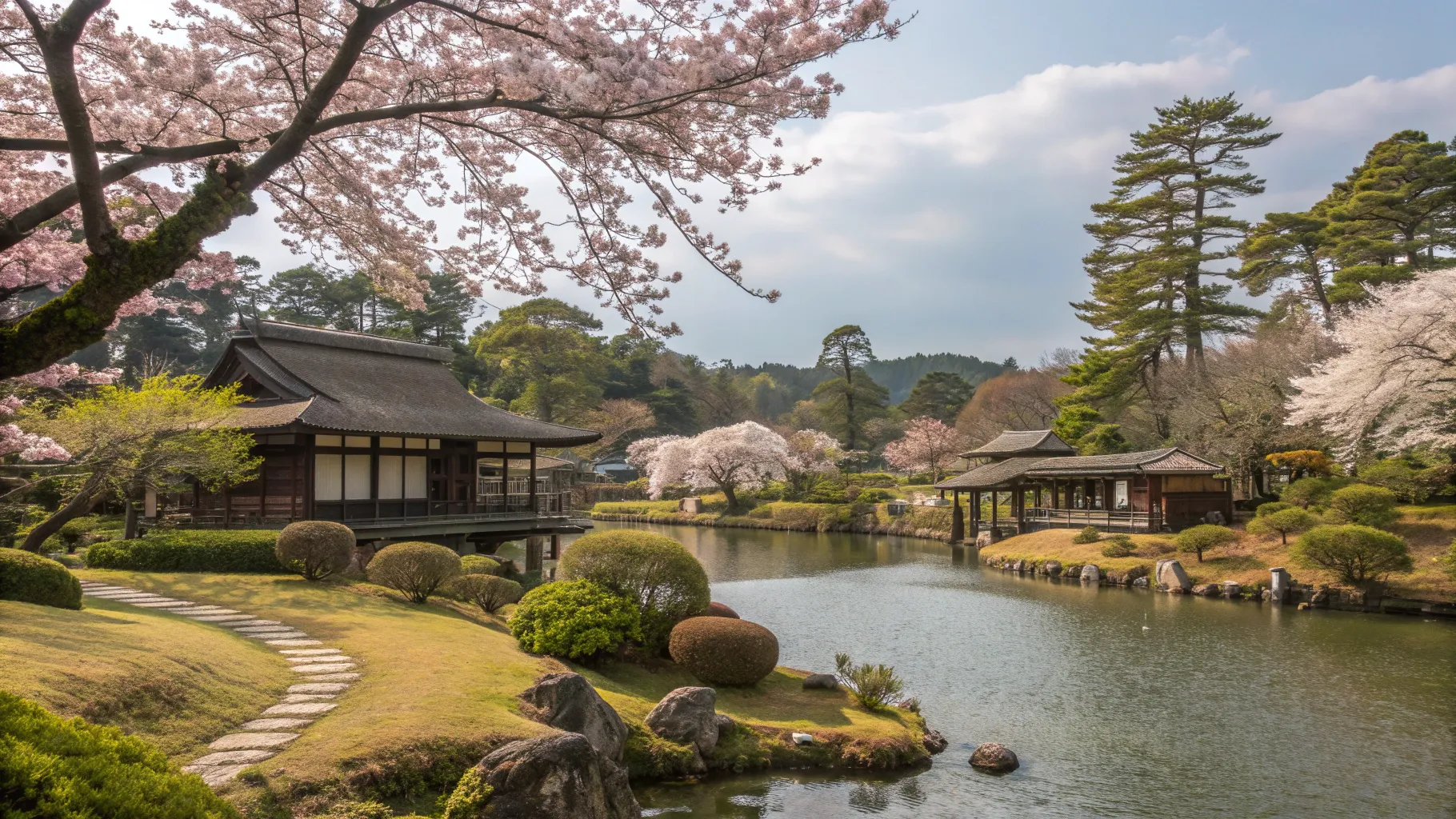 Kanazawa tour packages guide featuring vibrant cherry blossoms in Kenrokuen Garden.