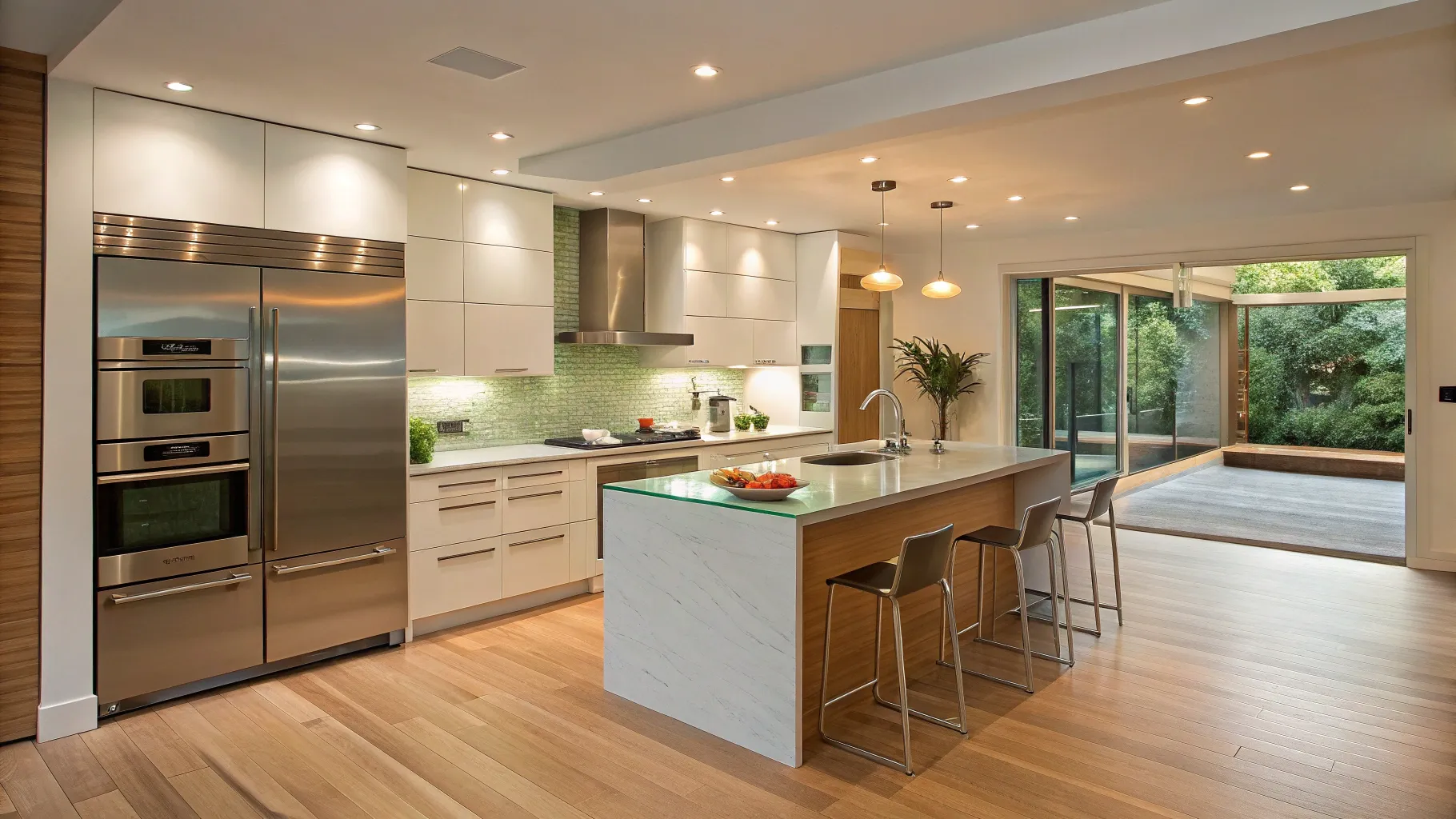 Kitchen Remodeling: Smart tech appliances, bamboo flooring, and recycled glass surfaces.