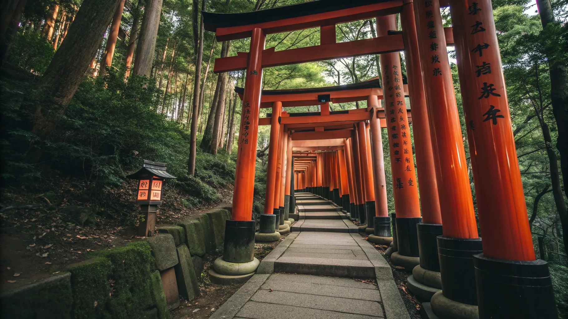Kyoto Cultural Escape: Vibrant red torii gates at Fushimi Inari Shrine surrounded by nature.