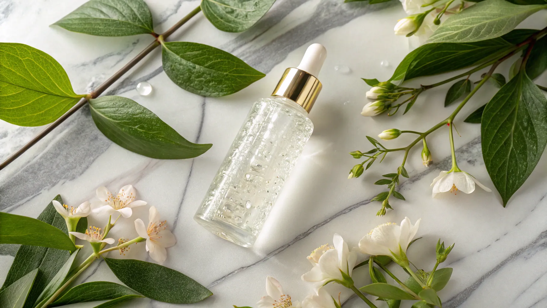 Lip plumping serum with hyaluronic acid showcased on a marble vanity amid natural decor.