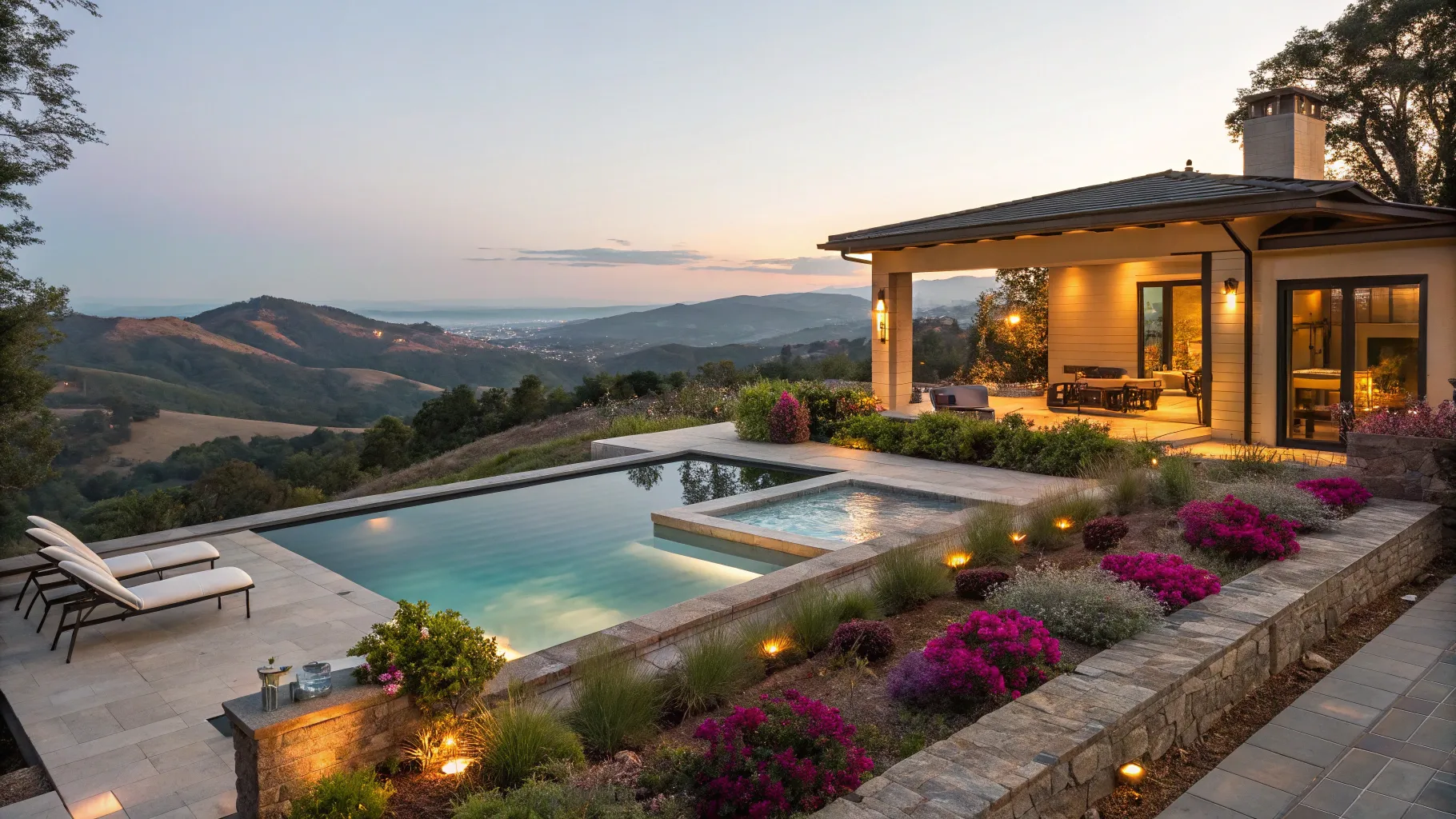 Installation of pools and spa centers with an elegant infinity pool and spa area.