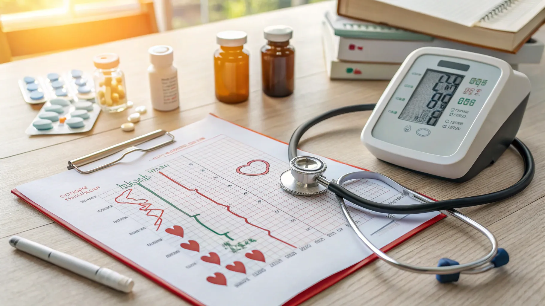 atrial fibrillation treatment gear and charts in a bright healthcare environment.