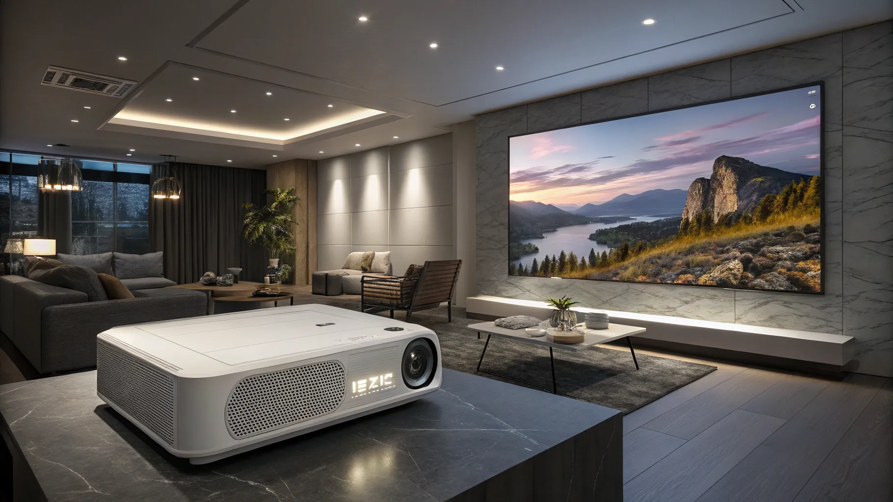 Movie projector for home setup with 4K image and immersive theater lighting ambiance.