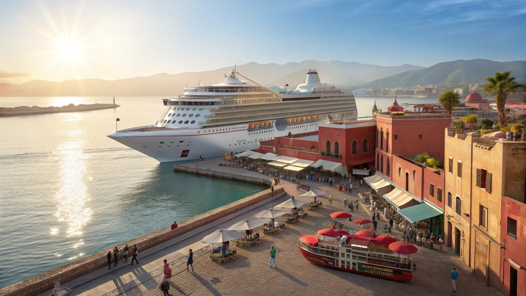 Morocco Cruises from Southampton feature a modern ship near a vibrant port with markets.