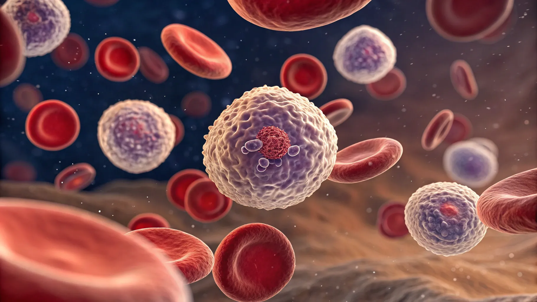 Microscopic view of bone marrow cells, some displaying abnormal morphology, illustrating a hematological condition.