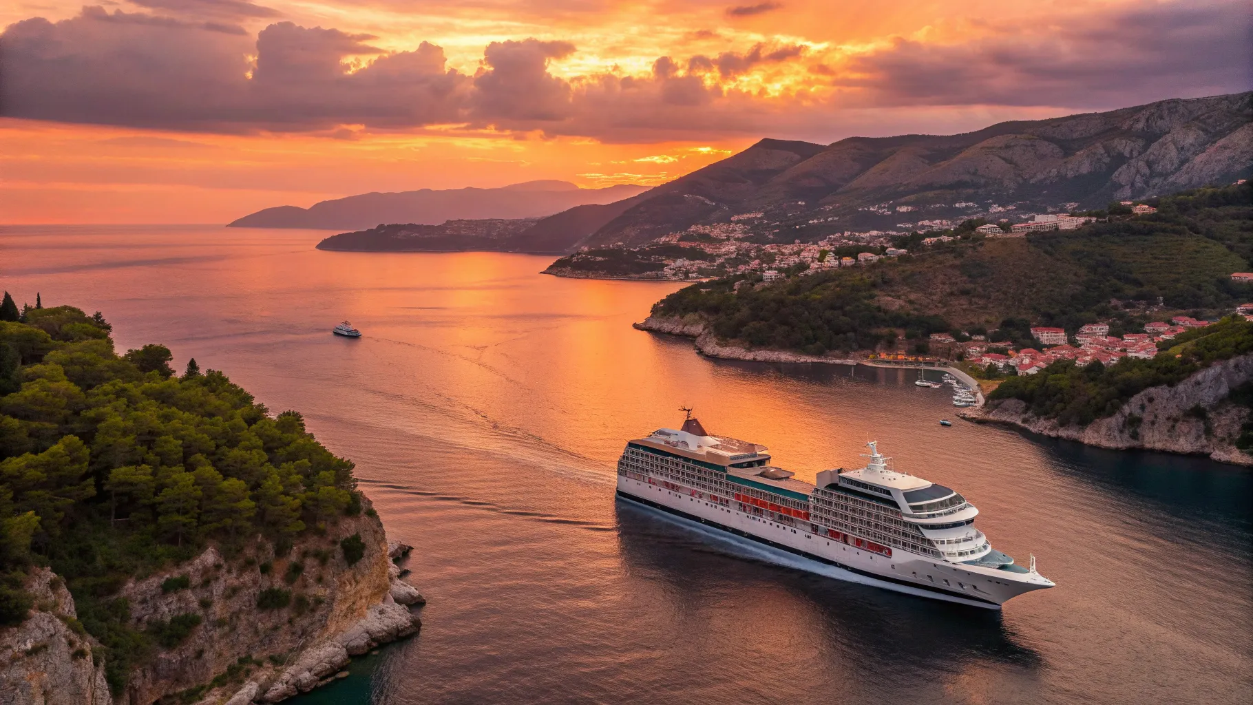 Cruises from New York to Croatia 2025/2026 feature stunning coastlines at sunset.
