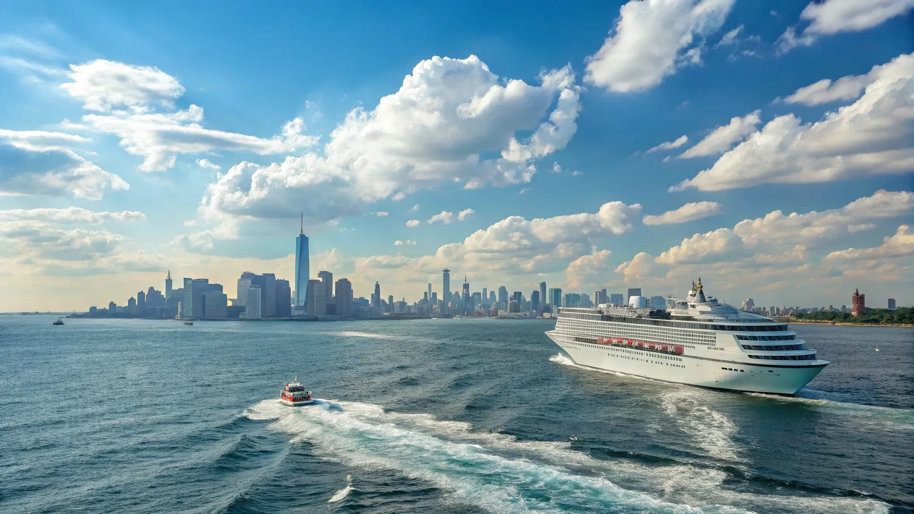 New York to Bermuda Cruise with skyline fading and sea waves below a bright sky.