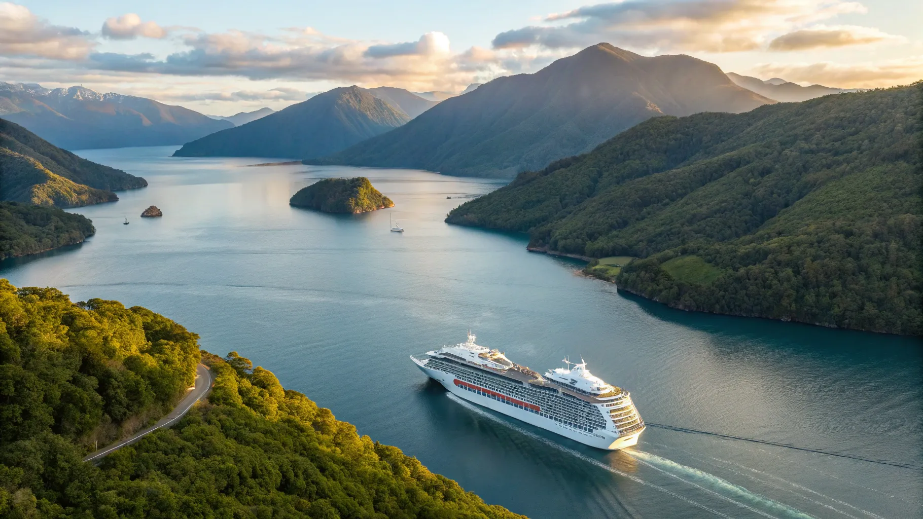 New Zealand and Australia Cruises 2025 and 2026: A luxury ship amidst breathtaking fjords.