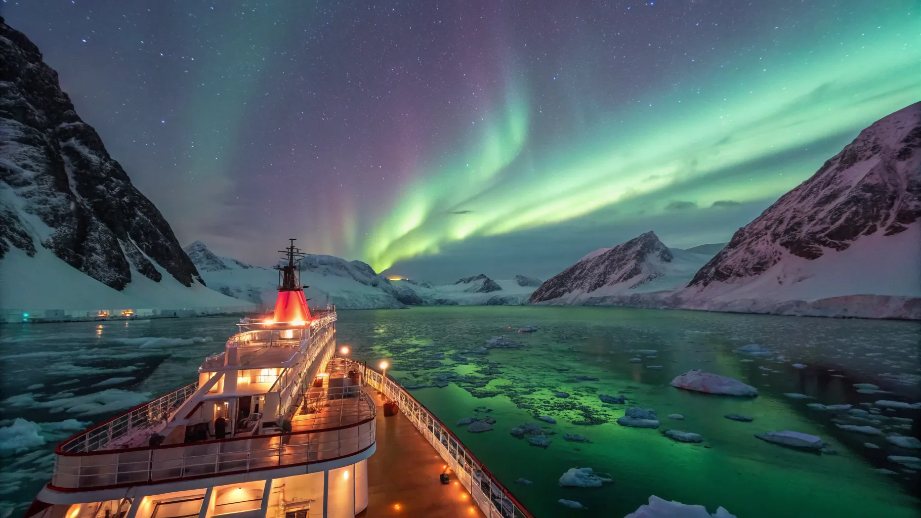 Northern Lights cruise Iceland Norway guide, featuring a ship sailing under vibrant auroras.