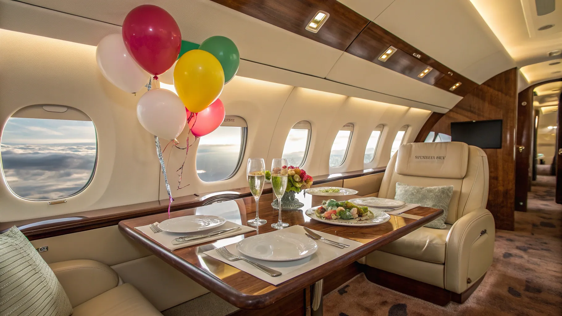 Birthday party on Private Jet with elegant decor and champagne in a luxury setting.