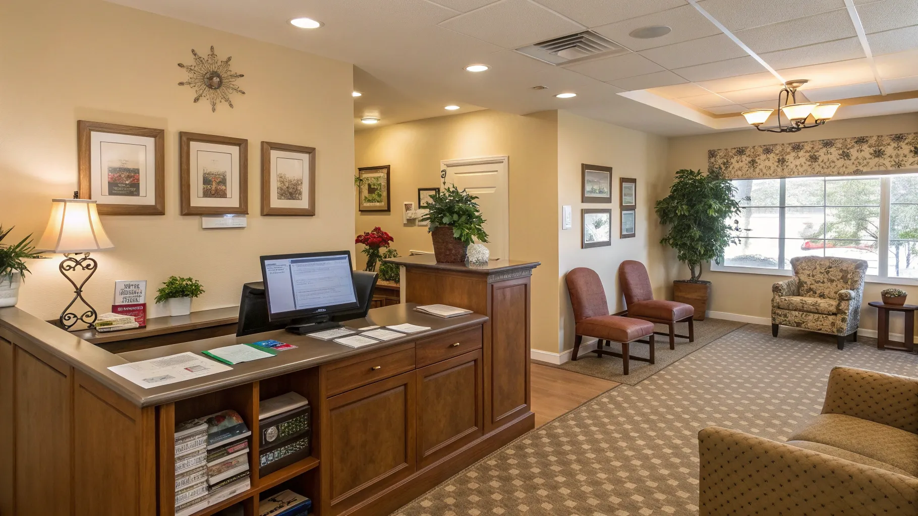Reception job for seniors in a cozy office space with a welcoming environment.