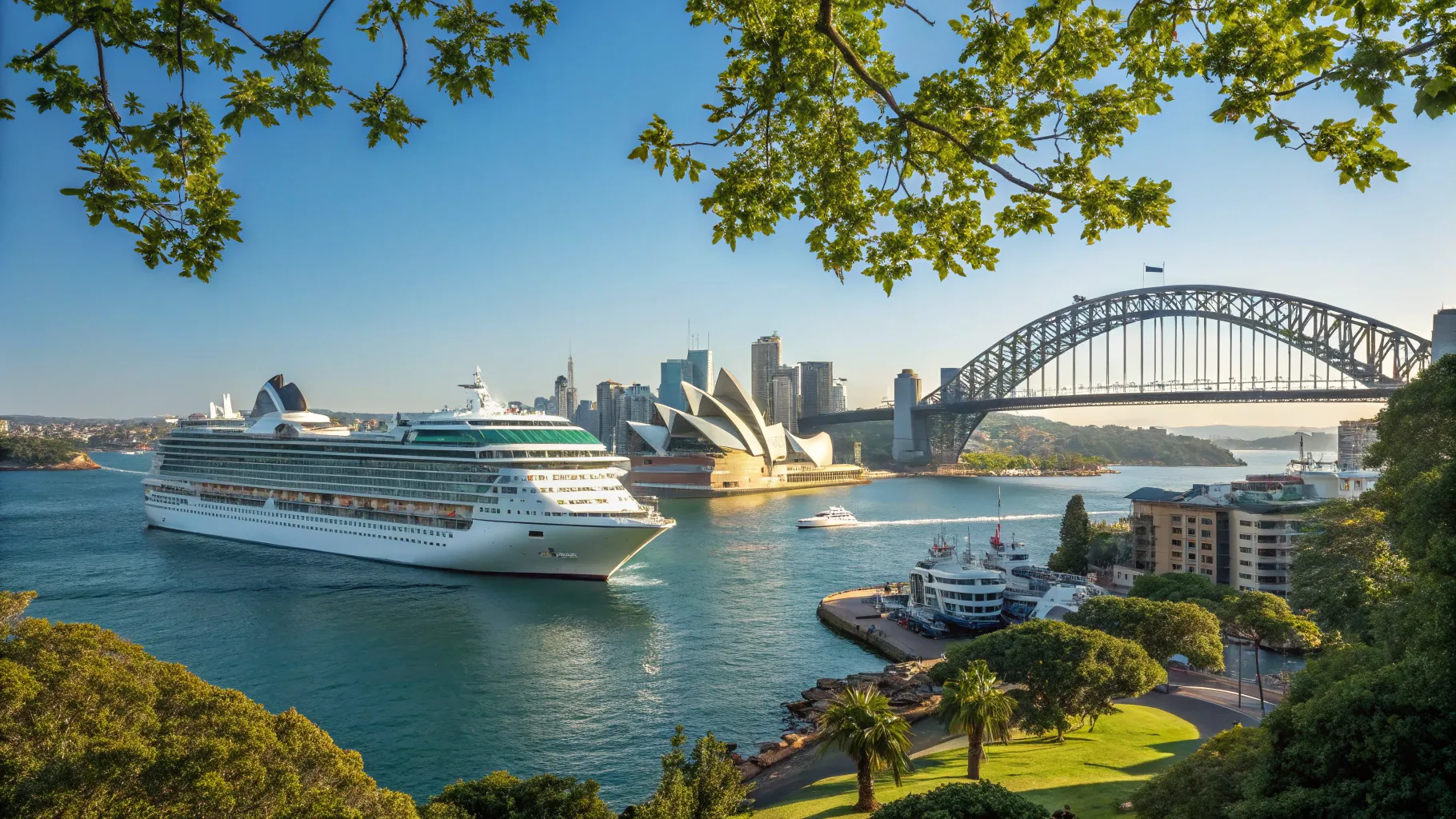 Cruises from Southampton to Australia 2025/2026: A cruise ship at Sydney Harbour with landmarks.