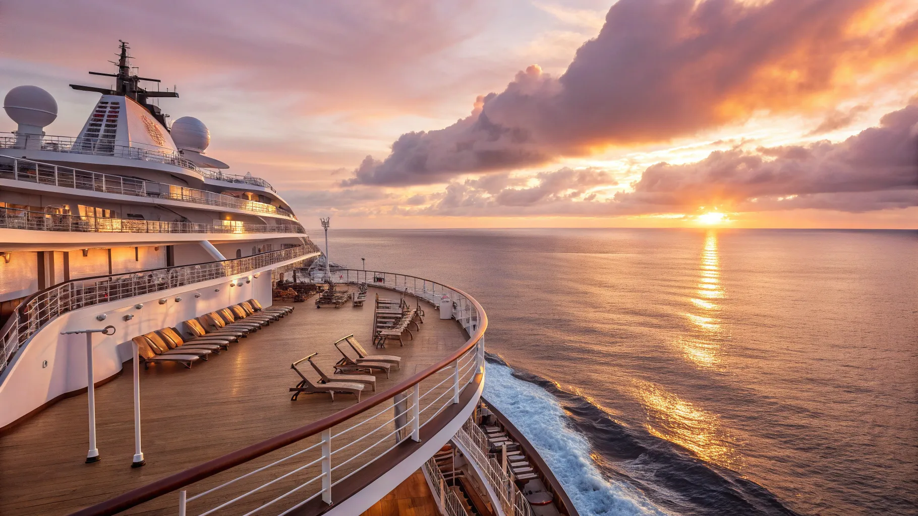Southampton to Miami Cruise in 2025 and 2026: A cruise ship sailing into a vibrant sunset.