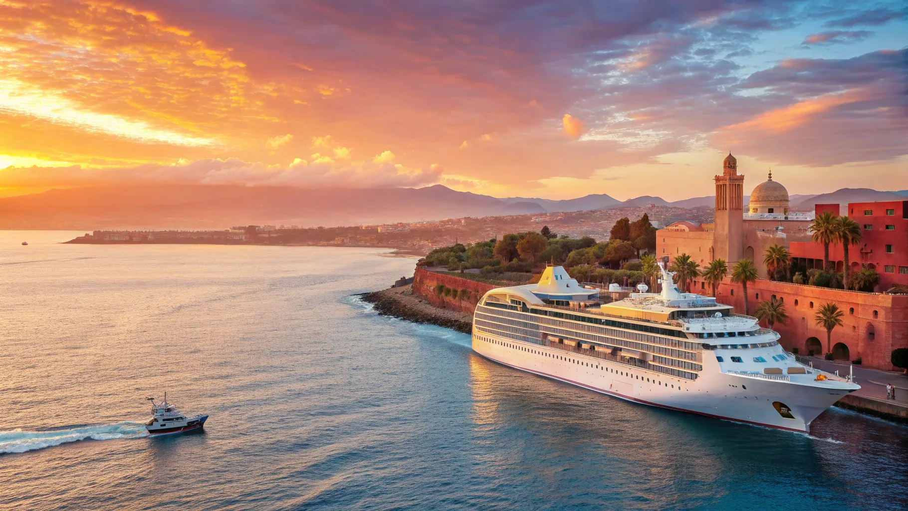 Cruises from Southampton to Morocco 2025/2026 feature luxury ship against vibrant landscapes.