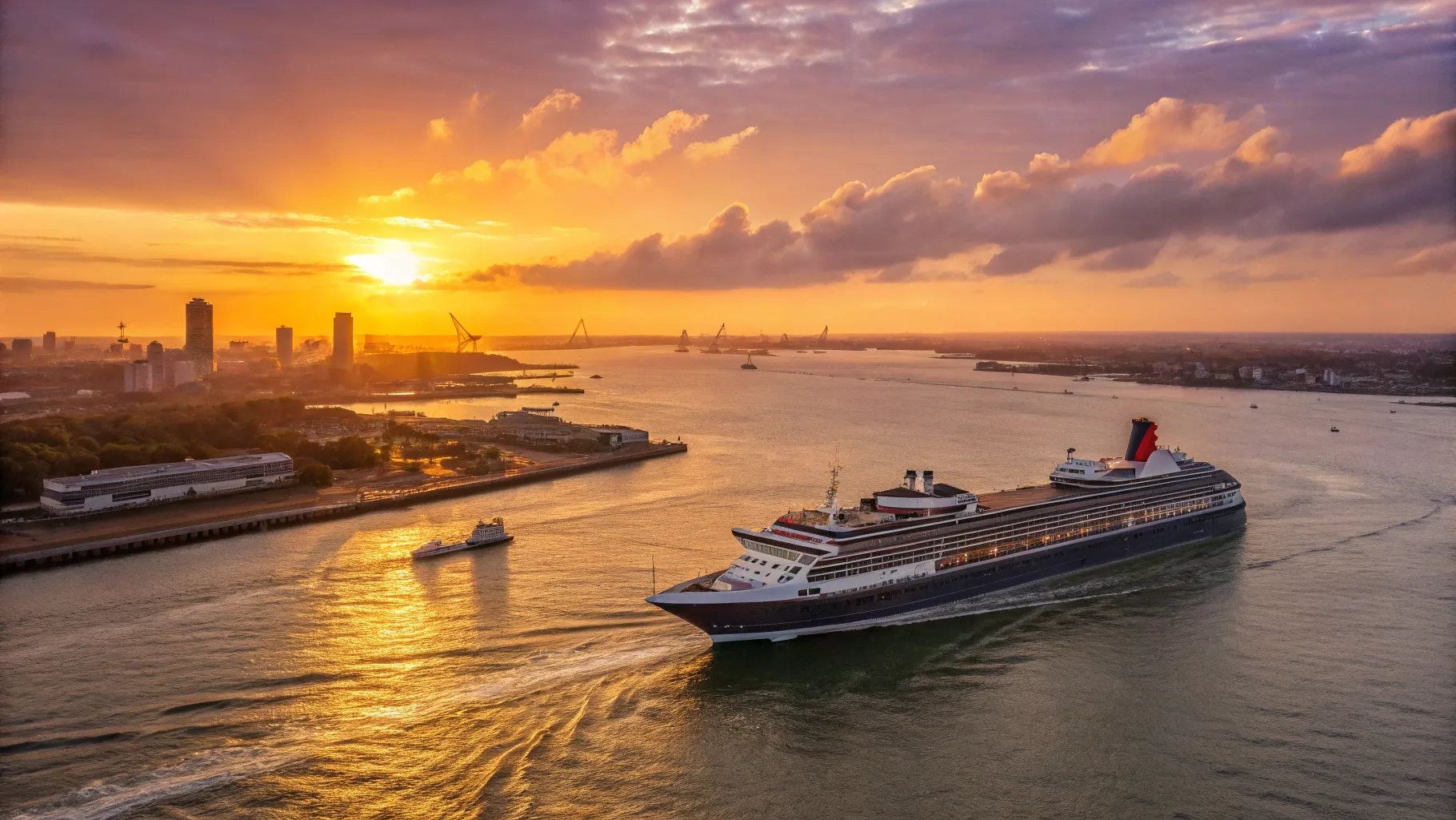 Cruises from Southampton to Seychelles 2025/2026 sailing into a stunning sunset.