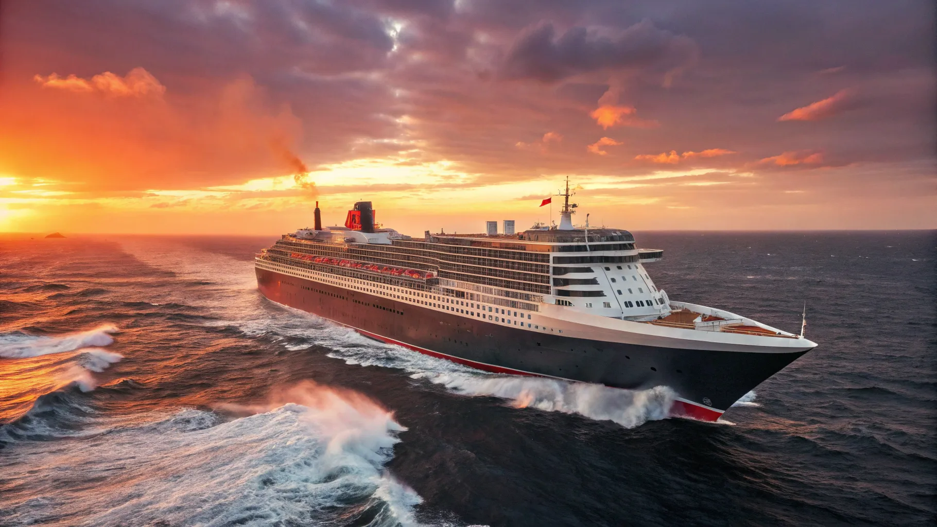 Southampton to New York Cruises: Queen Mary 2 sails under a colorful sunset at sea.