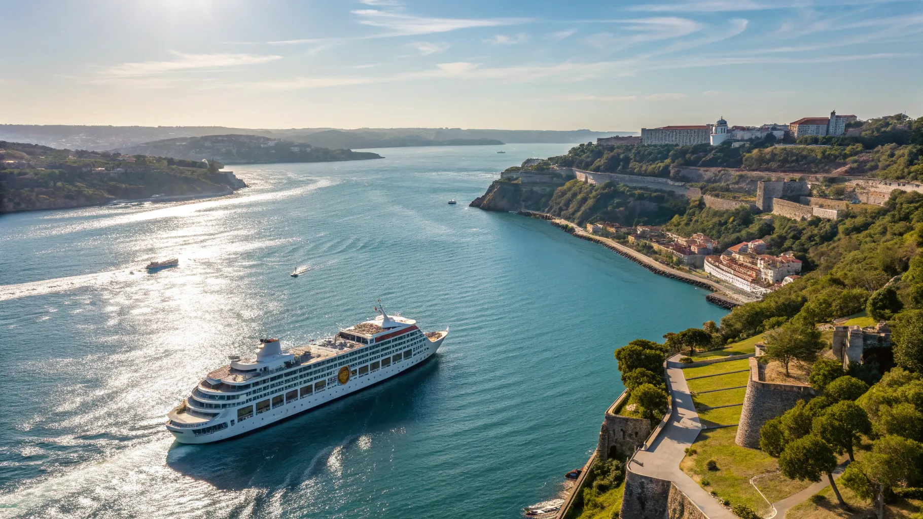 Southampton to Portugal Cruises feature a luxurious ship sailing by beautiful coastal landmarks.