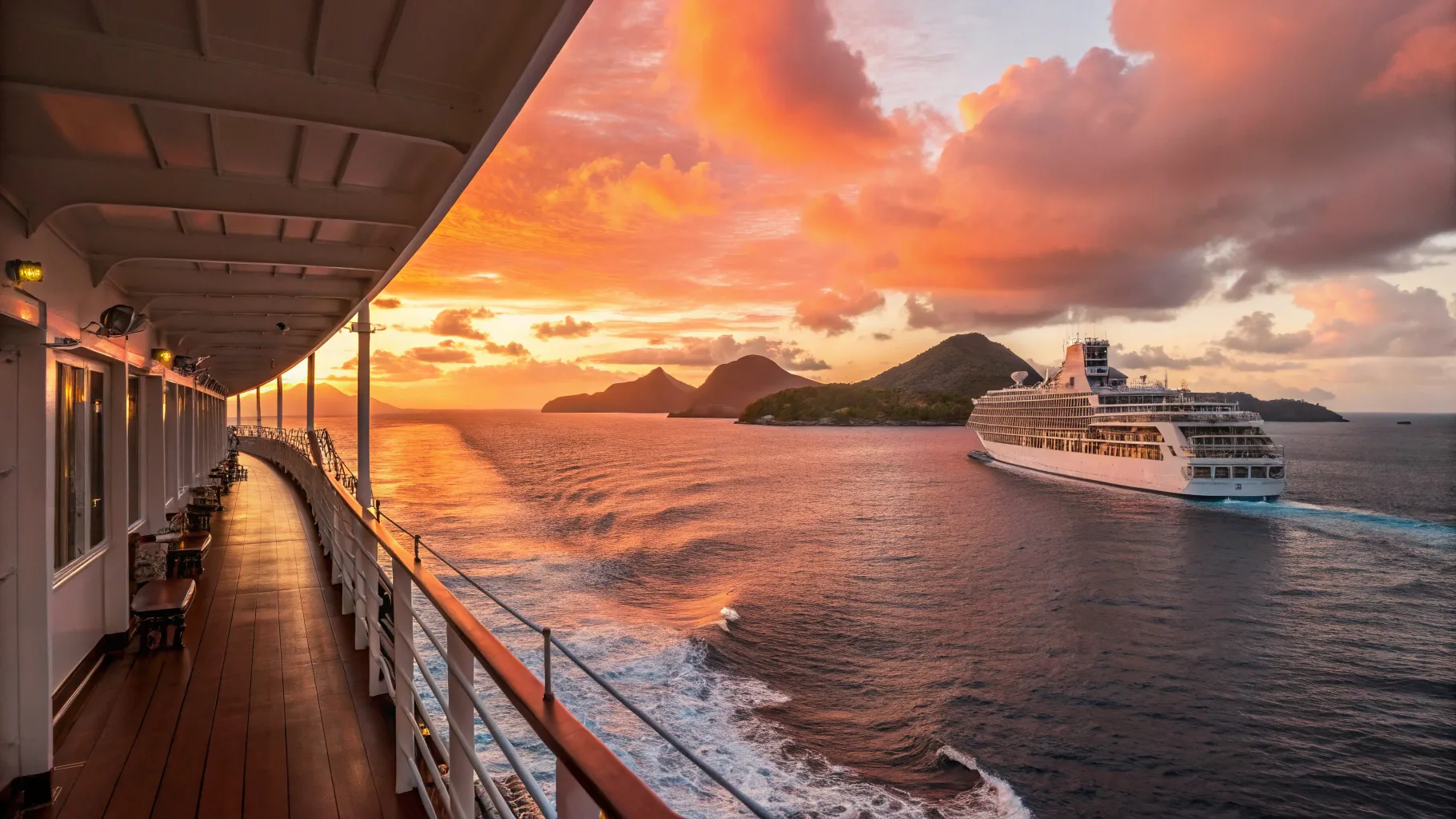 Cruises from Sydney to Canada glide across vibrant ocean waters under a stunning sunset.
