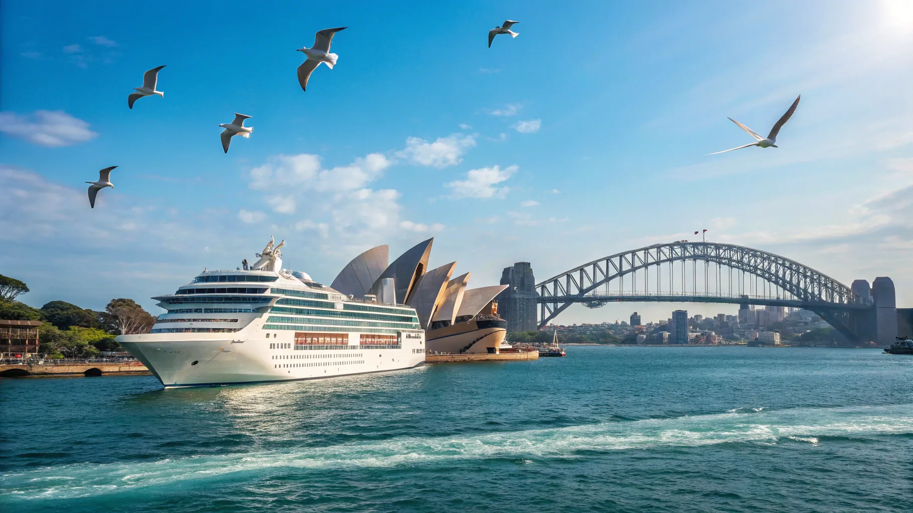 Sydney to Willis Island Cruise with a luxury ship in Sydney Harbour against a blue sky.