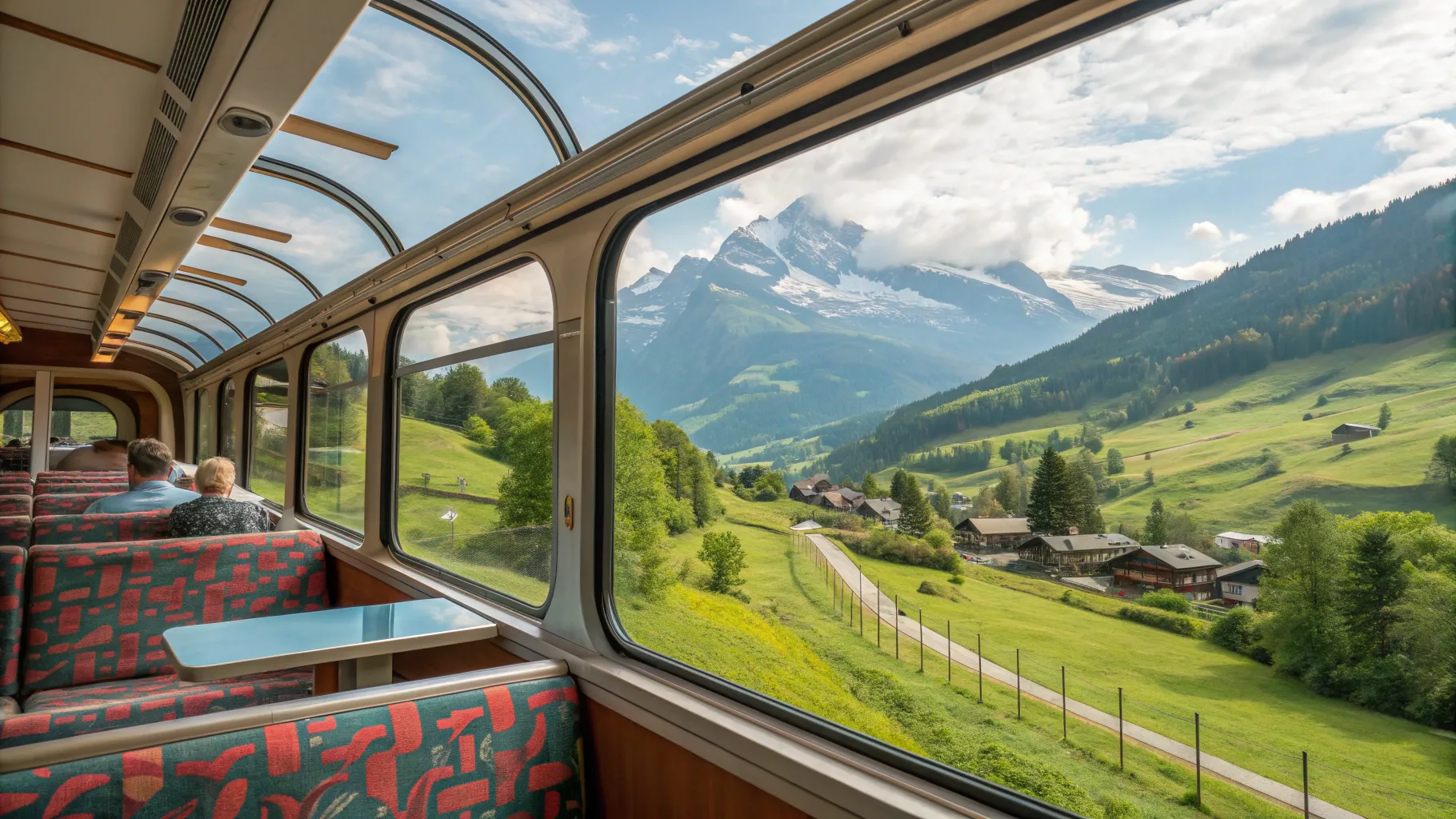 Tips for scenic train journeys in Switzerland for seniors in a luxurious train interior.
