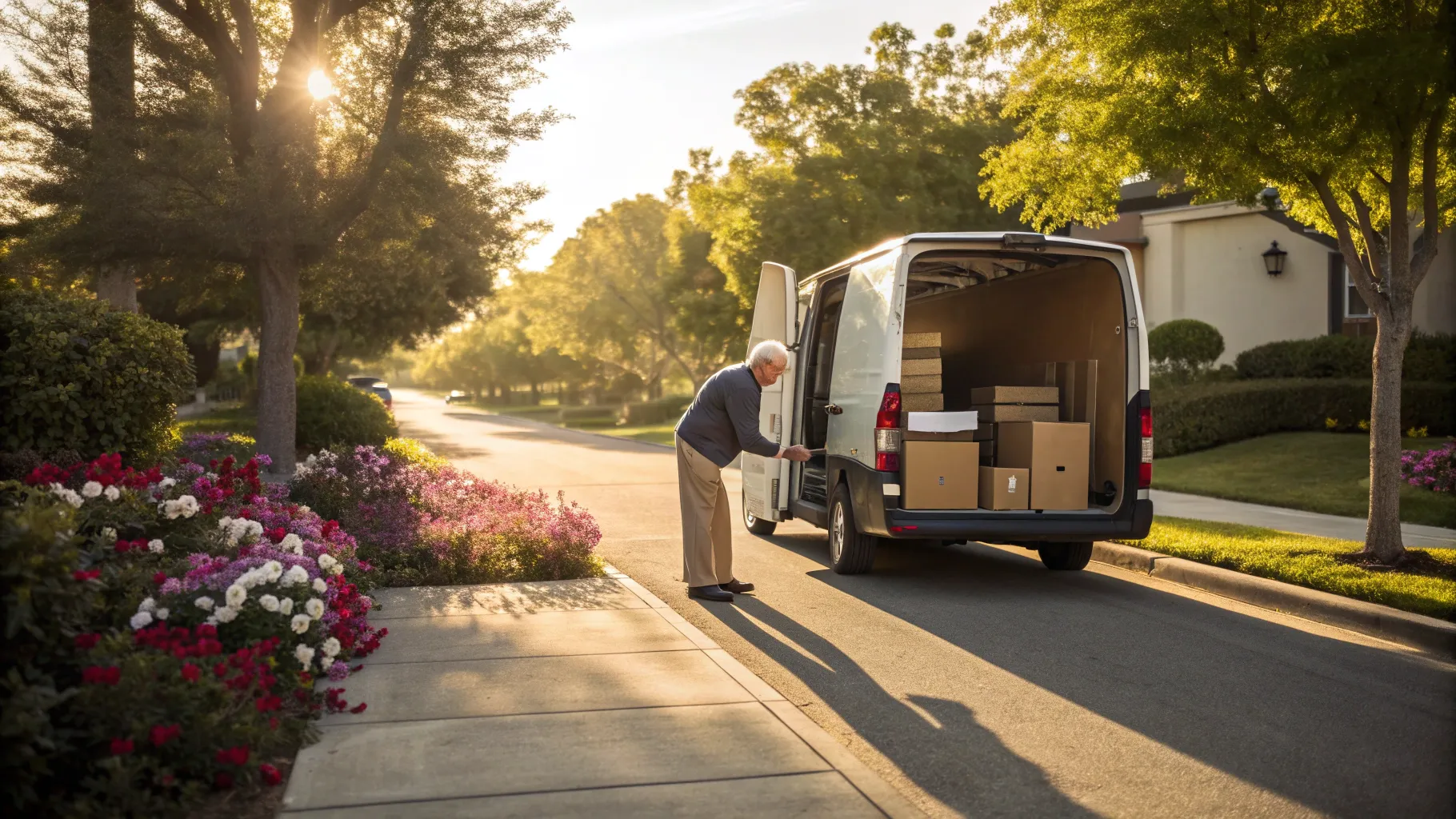 Senior Delivery Driver Job loading packages into a van in a vibrant suburban scene.