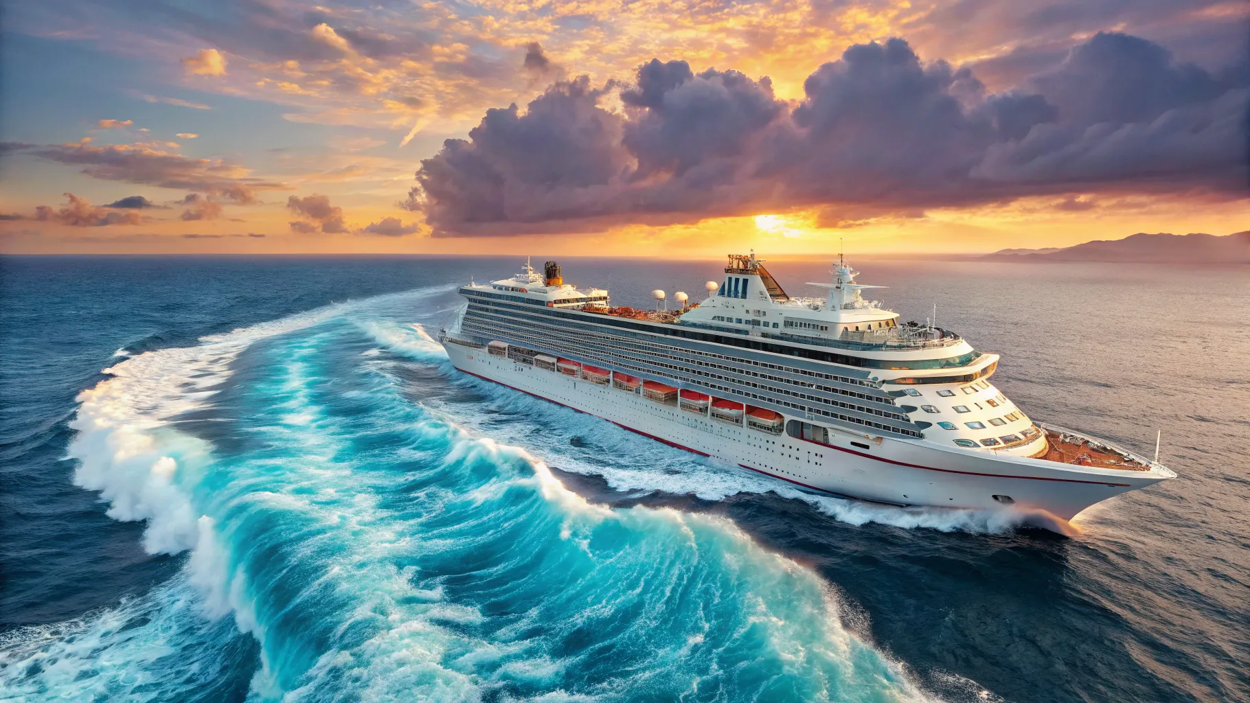 Cruises from Southampton to Australia journeying over blue ocean waves at sunset.