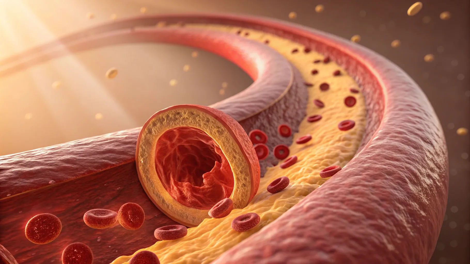 Symptoms and Causes of Clogged Arteries: Detailed artery cross-section showing plaque buildup.