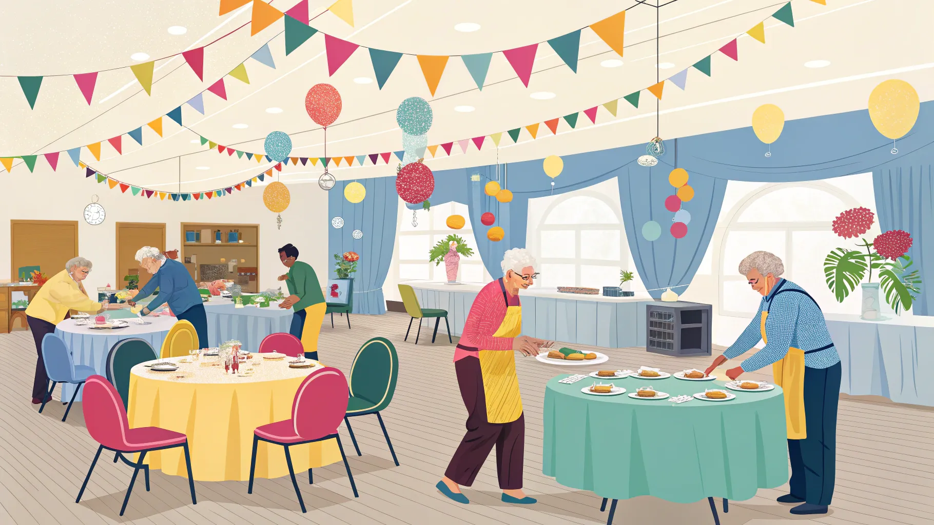 Event Staff Jobs for Seniors in a colorful, bustling event space with seniors assisting.