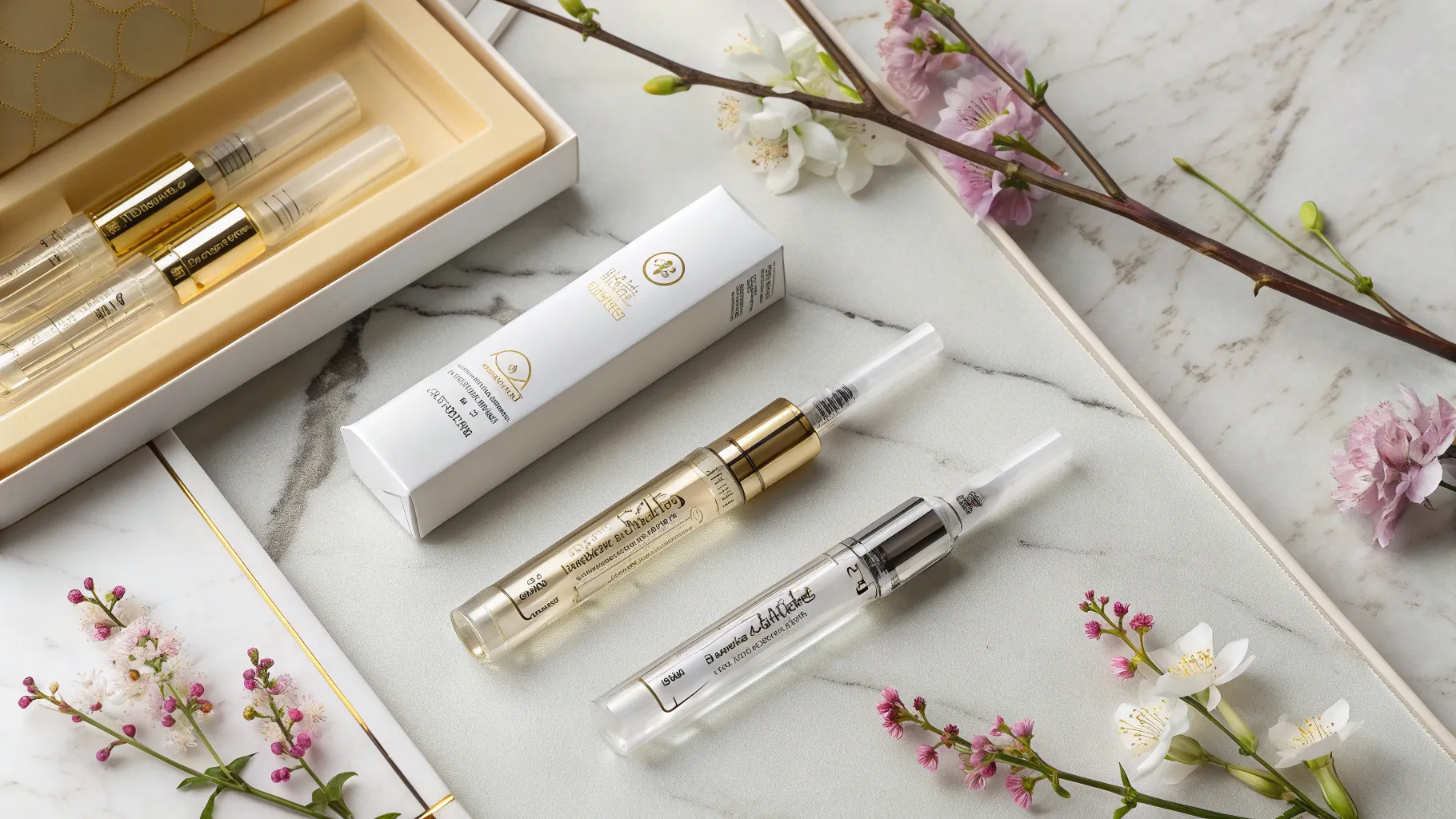 Top fillers for wrinkles above lips displayed elegantly on a marble surface.