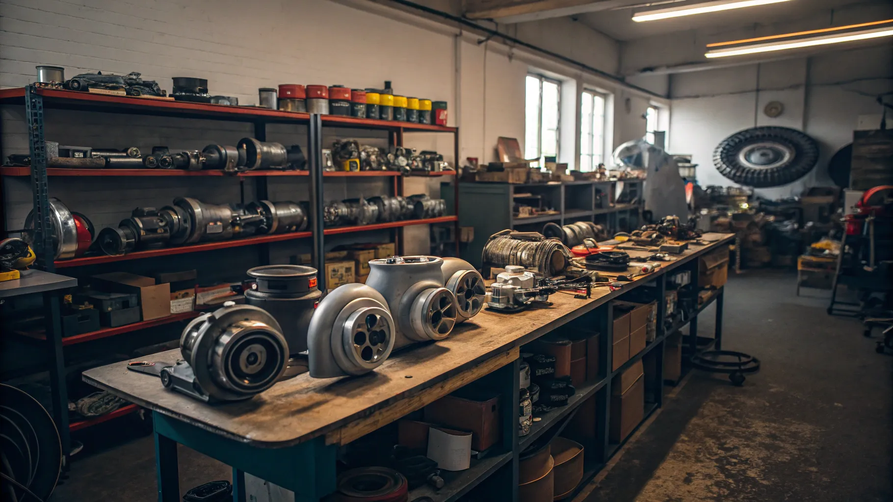 turbochargers for sale, various models showcased in an automotive workshop.