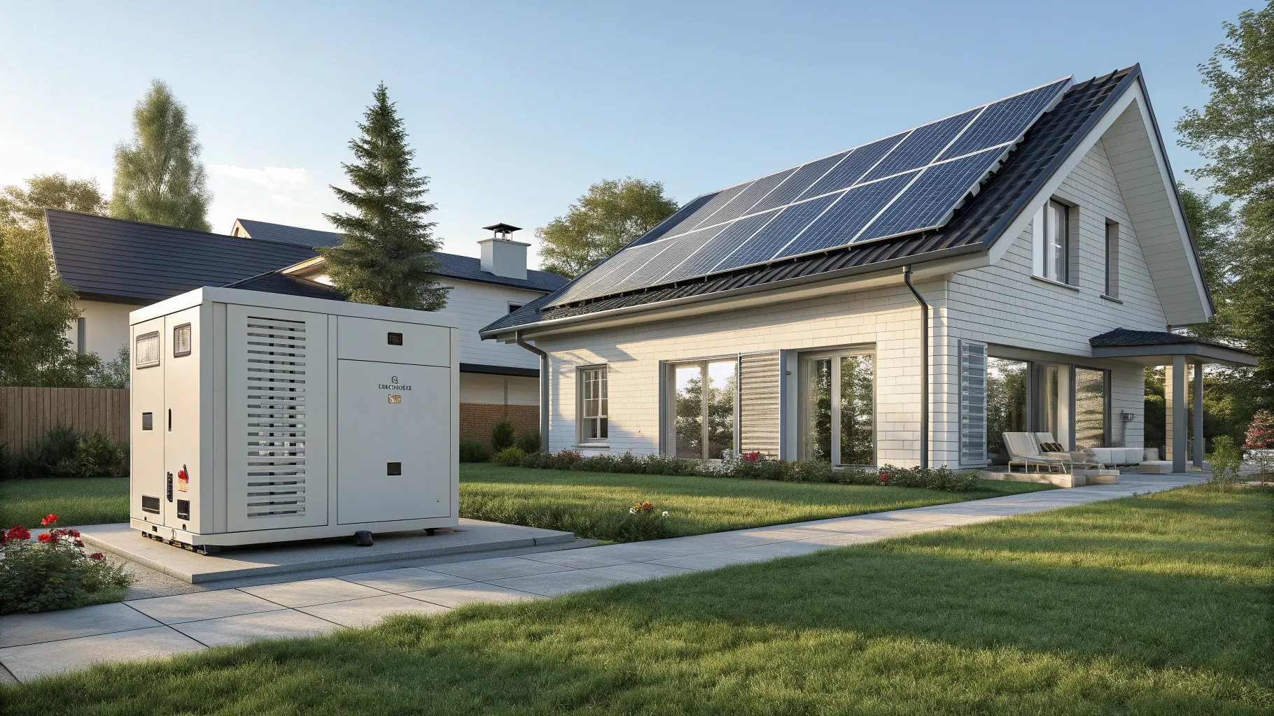 Generators for Home Backup Power showcase solar panels and a backup generator in a yard.
