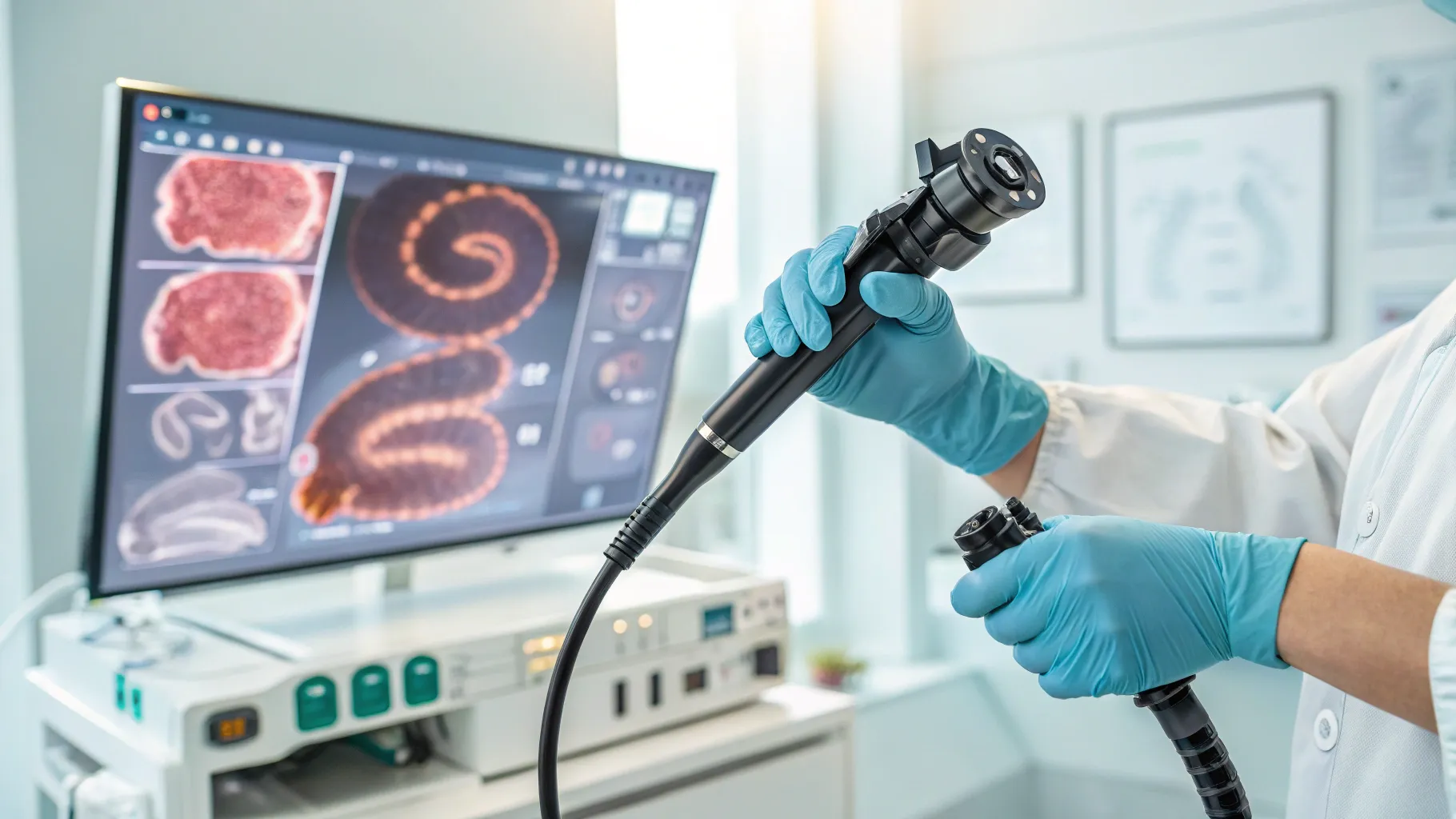 Understand Bowel Cancer Indicators through medical tools and colon images in a clinic.