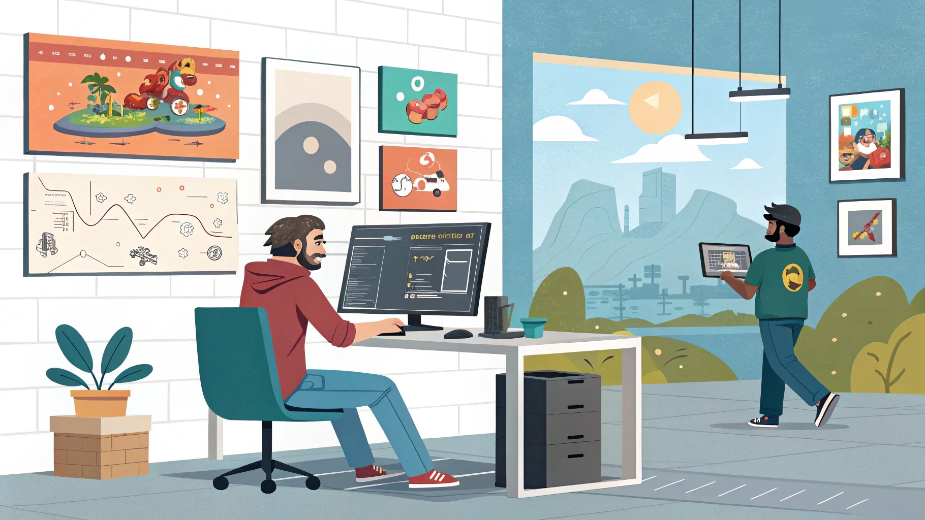 video game careers: a vibrant workspace with various game development activities.