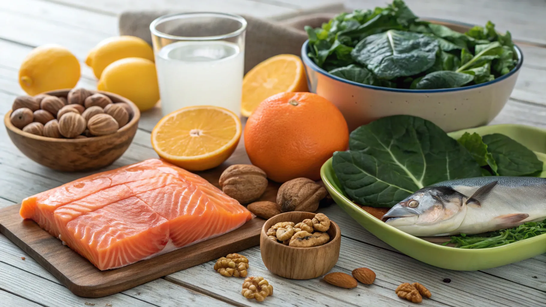 Vitamins that Improve Memory: Nutrient-rich foods for cognitive health on a wooden table.