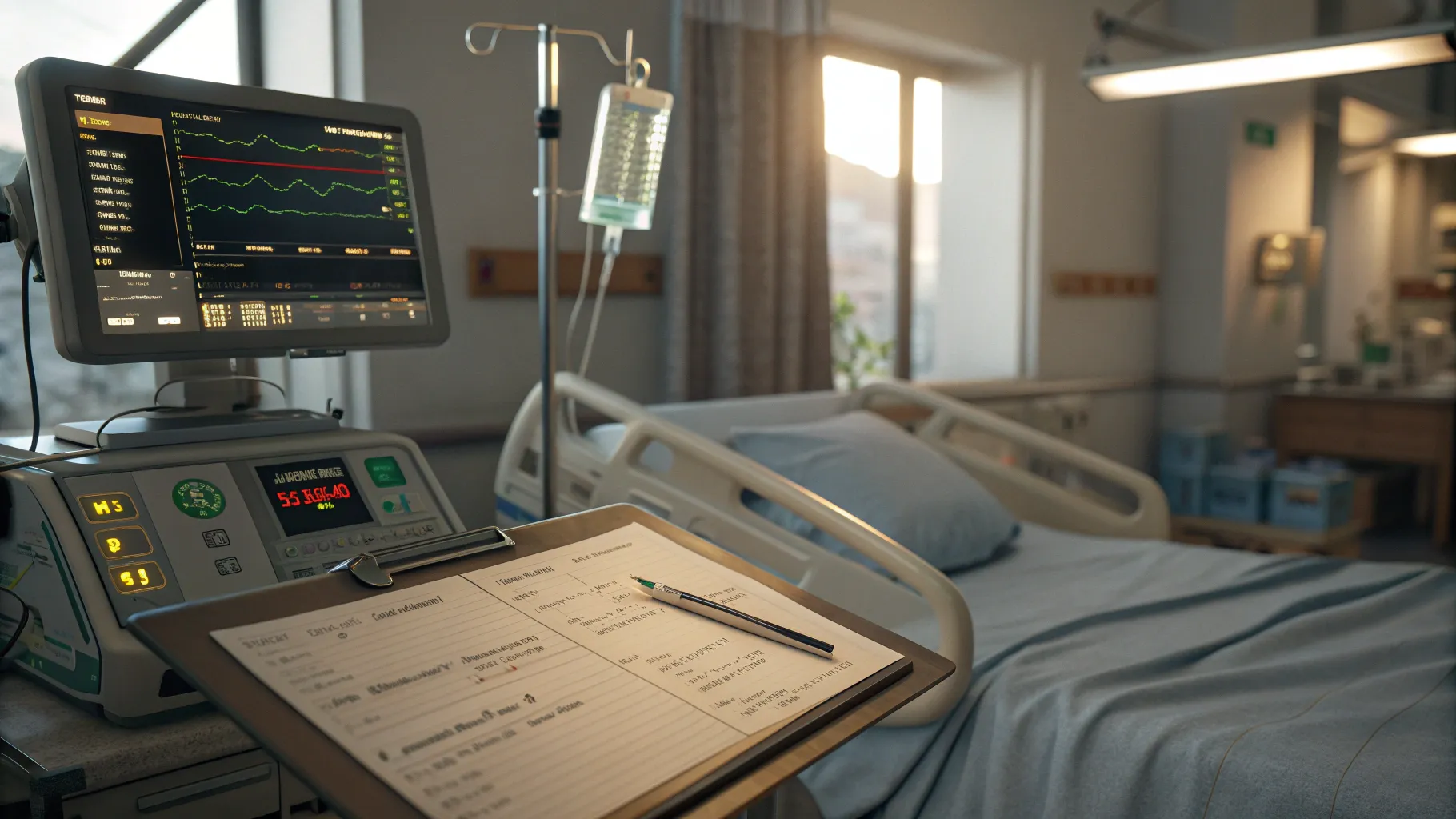 Warning Signs of Sepsis in a clinical environment with monitors and medical equipment.