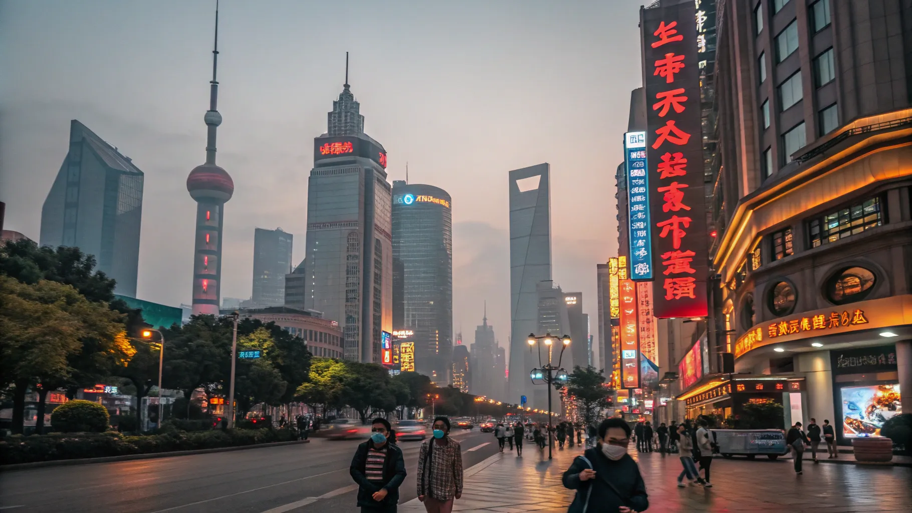 Working in China, a vibrant Shanghai skyline filled with dynamic activity at dusk.