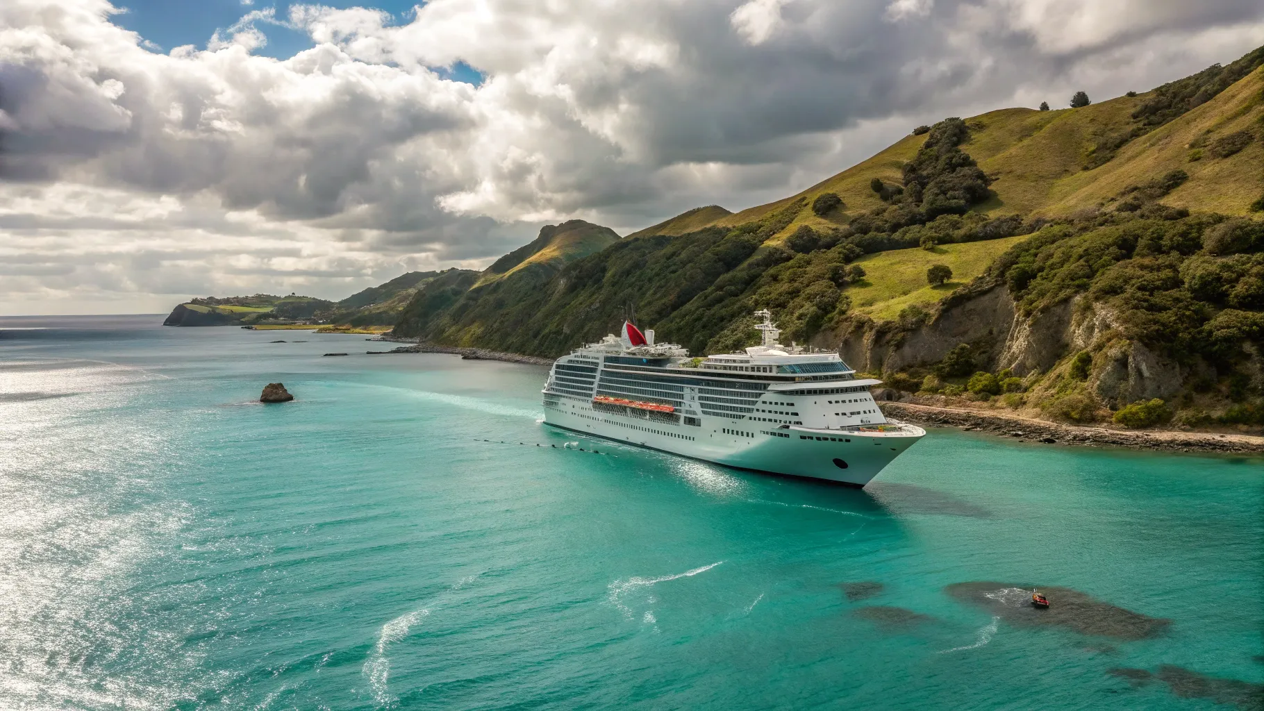 A majestic cruise ship navigating the stunning East Coast of New Zealand, illustrating the beauty of a Wellington to Christchurch Cruise 2026.