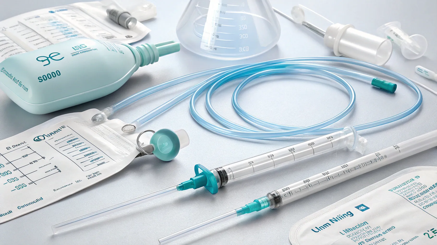 A collection of external catheter devices and urine bags on a clean surface, showcasing the different designs for urinary management.