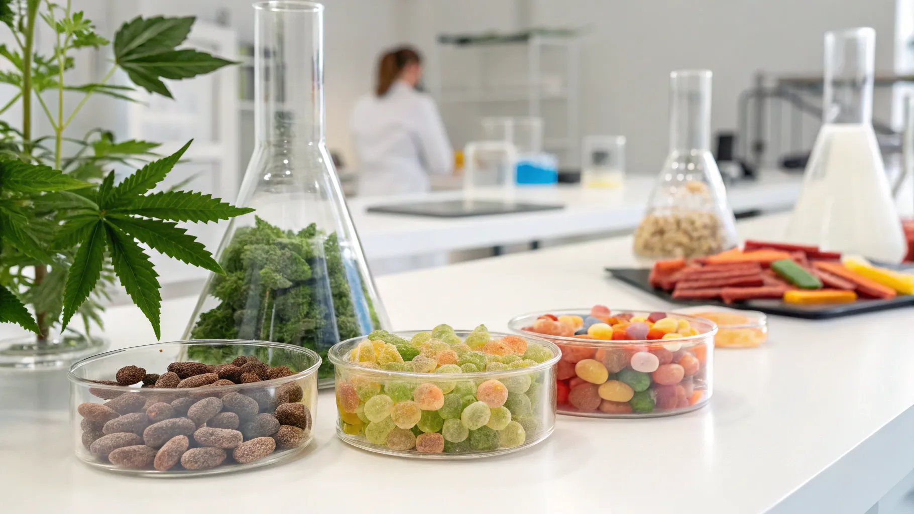 A clean laboratory workbench displaying scientific equipment, botanical extracts, and an array of colorful gummy supplements in beakers, all suggesting product formulation and quality.