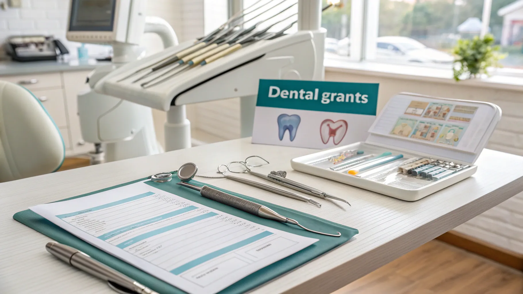 What are dental Grants and how do they work? A dental office scene with tools and grants.